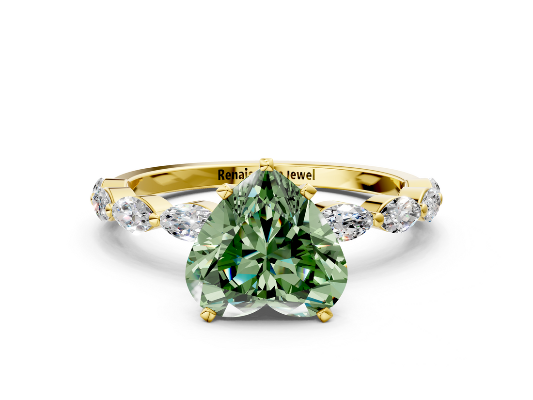 Yellow gold Fancy Green Heart  Solitaire Marquise Side Stone Prong Setting Ring