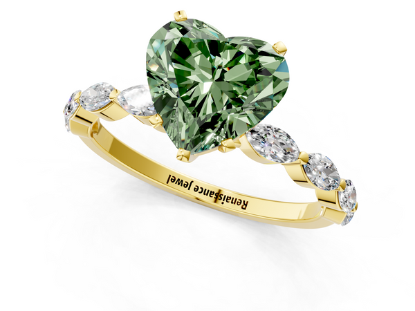 Yellow gold Fancy Green Heart Cut Diamond Ring with Marquise Side Stones and Prong Setting