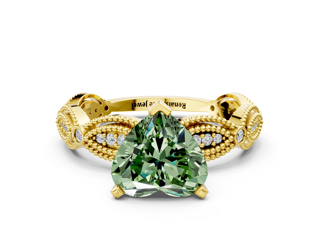 Yellow gold Fancy Green Heart  Solitaire Milgrain Diamond Engagement Ring with Bezel and Marquise Band