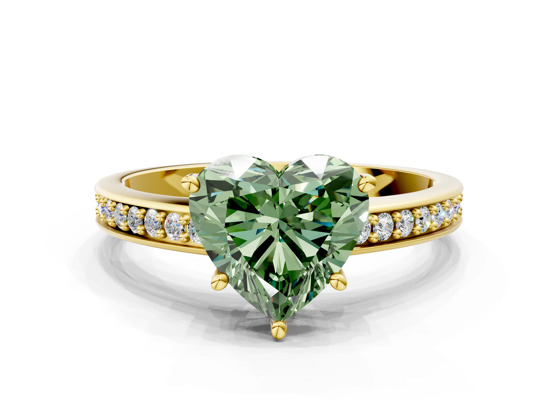 Yellow gold Fancy Green Heart  Solitaire Pavé Band Prong Setting Ring