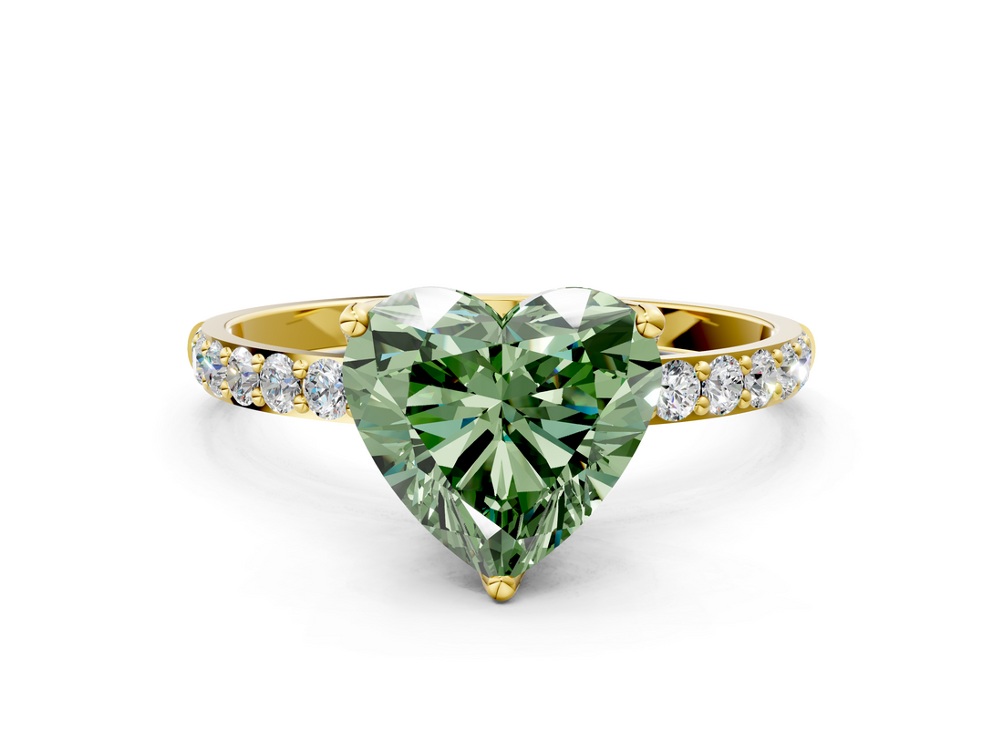 Yellow gold Fancy Green Heart  Solitaire Pavé Diamond Engagement Ring with Four-Prong Setting