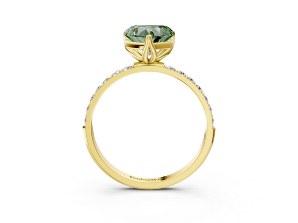 Yellow gold Fancy Green Heart Cut Diamond Solitaire Engagement Ring with Round  Pavé Band and Prong Setting