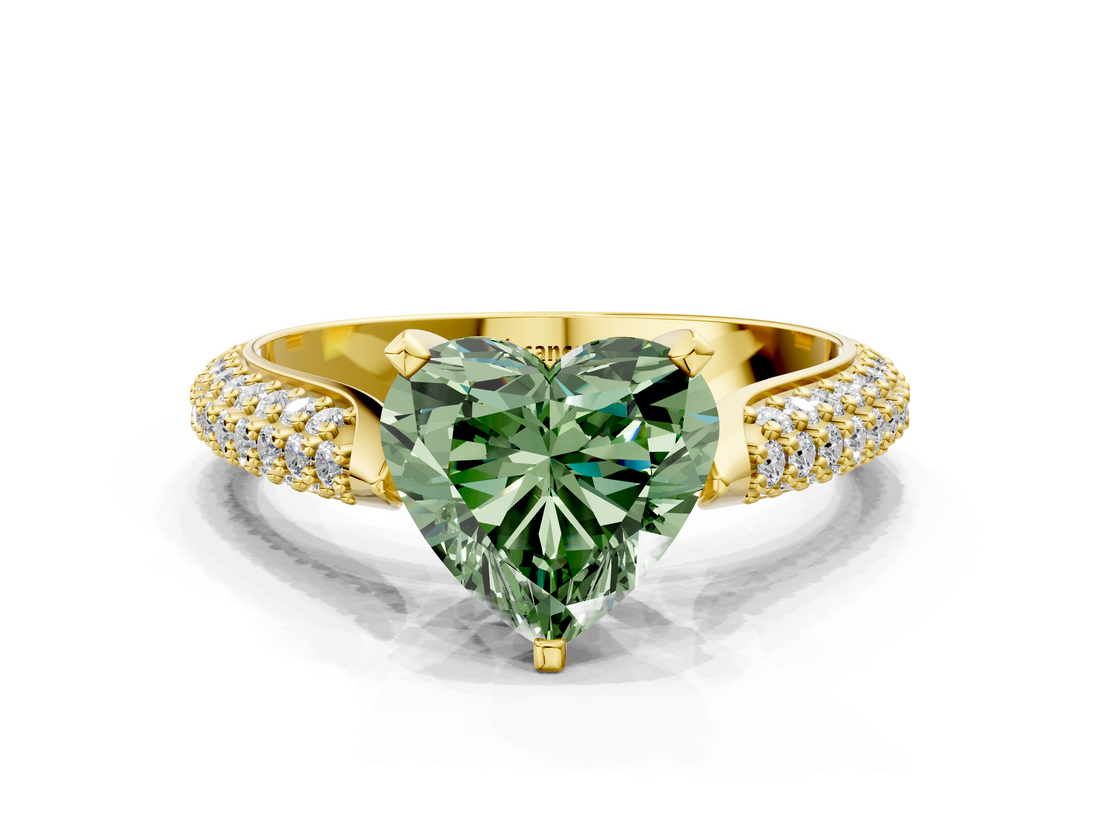 Yellow gold Fancy Green Heart  Solitaire Pavé Diamond Engagement Ring with Four-Prong Setting