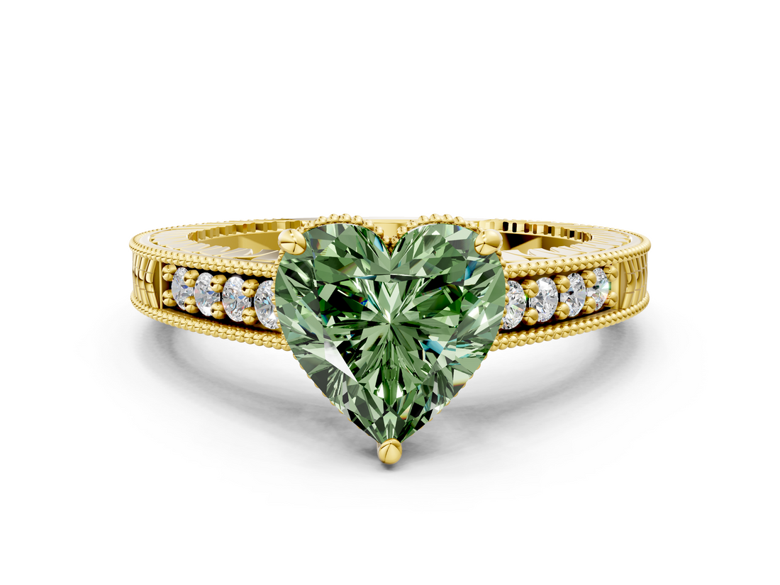 Yellow gold Fancy Green Heart  Solitaire Pavé Diamond Milgrain Engagement Ring with Four-Prong Setting