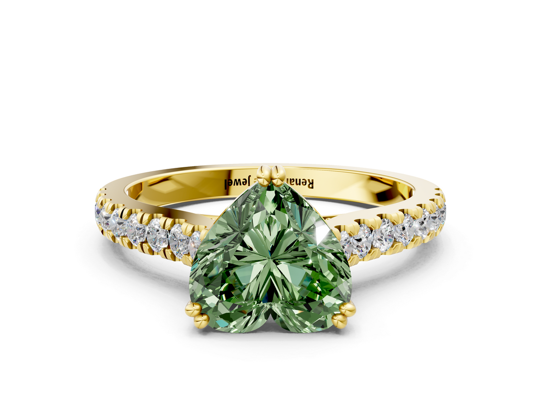 Yellow gold Fancy Green Heart  Solitaire Pave Diamond Engagement Ring with Prong Setting