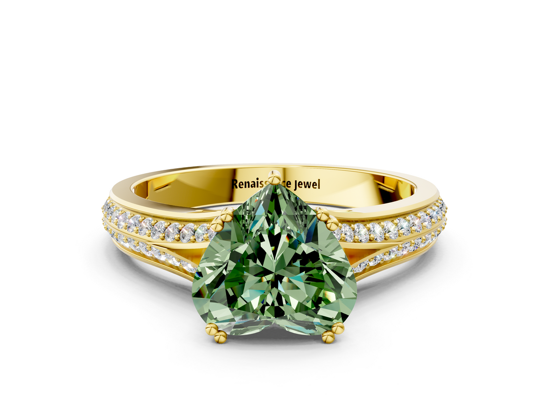 Yellow gold Fancy Green Heart  Solitaire Pave Split Shank Engagement Ring with Six-Prong Setting