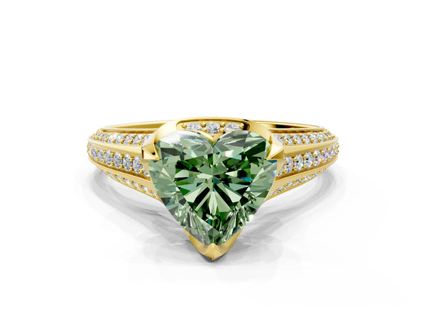 Yellow gold Fancy Green Heart  Solitaire Pave Split Shank Ring with Four-Prong Setting
