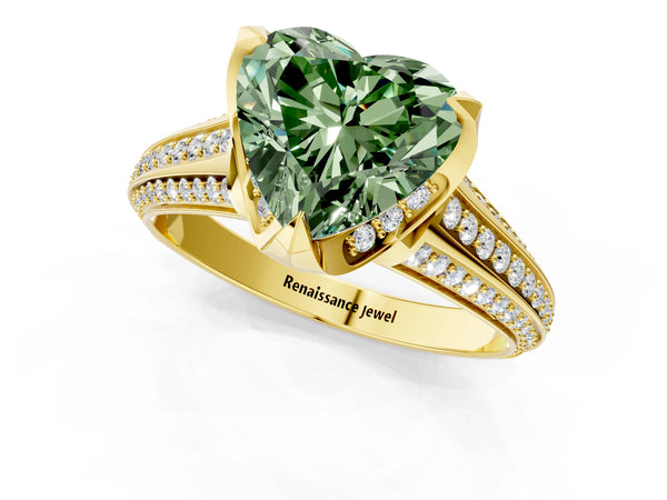 Yellow gold Fancy Green Heart  Solitaire Pave Split Shank Ring with Four-Prong Setting