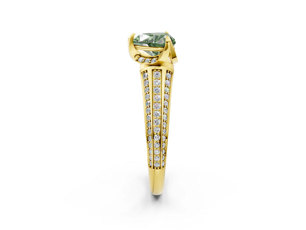 Yellow gold Fancy Green Heart  Solitaire Pave Split Shank Ring with Four-Prong Setting