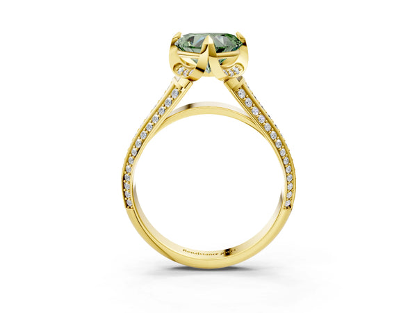 Yellow gold Fancy Green Heart  Solitaire Pave Split Shank Ring with Four-Prong Setting