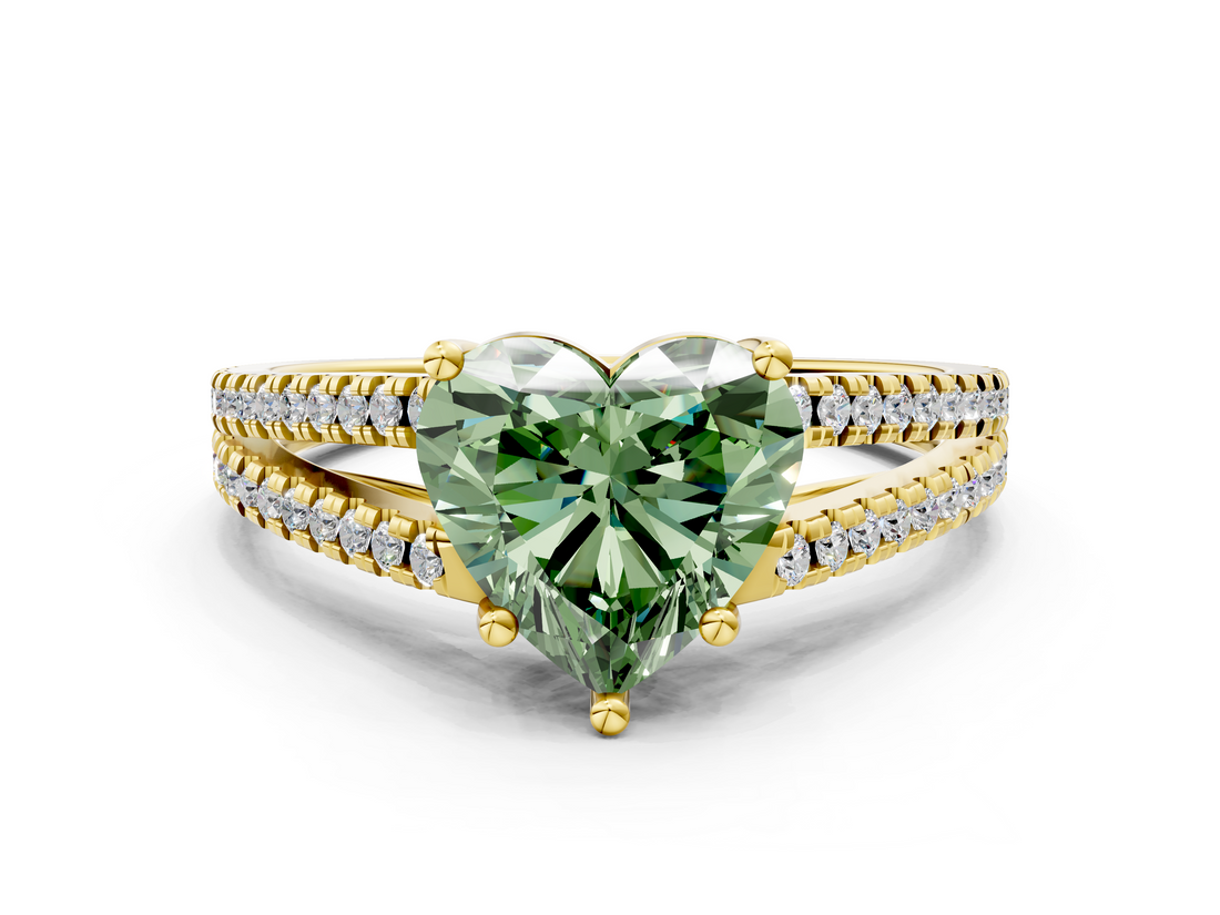 Yellow gold Fancy Green Heart  Solitaire Split Shank Pavé Diamond Engagement Ring