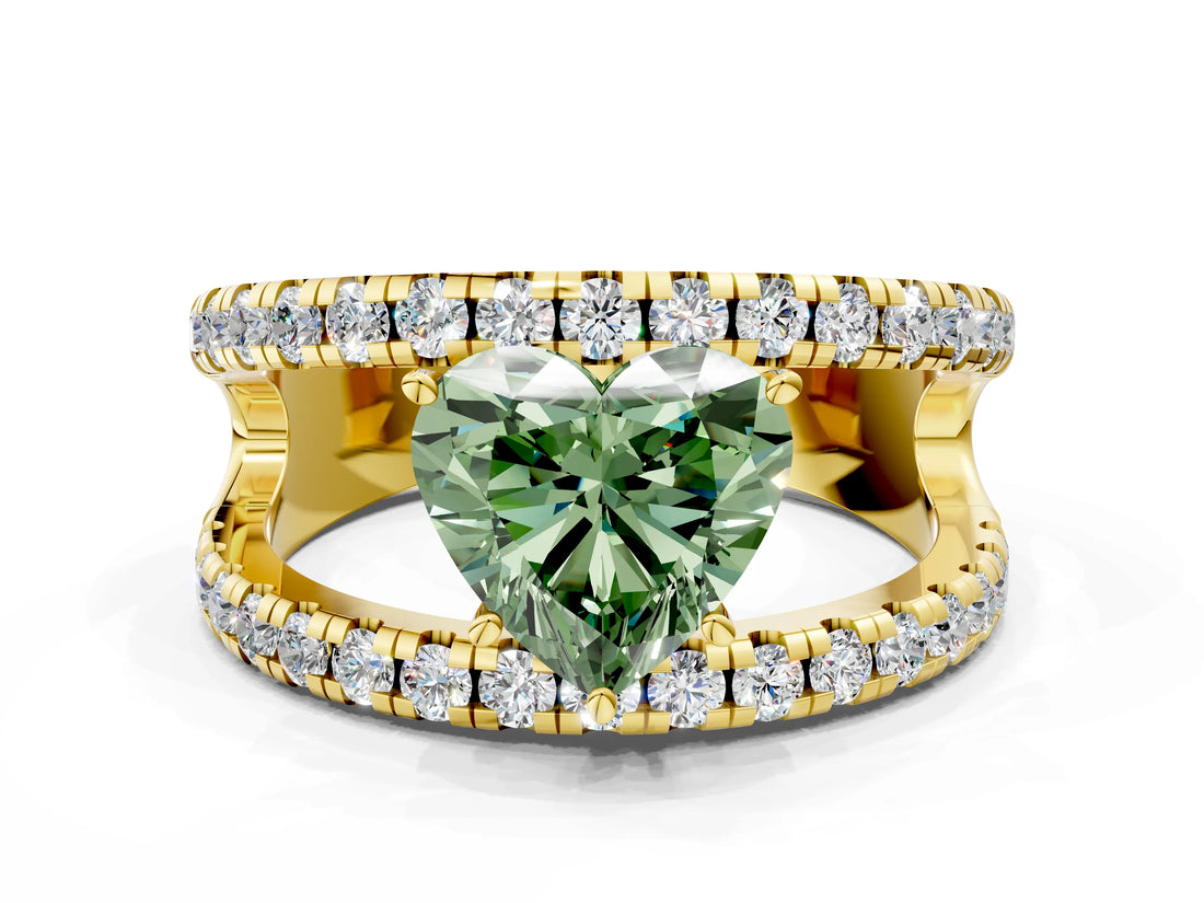 Yellow gold Fancy Green Heart  Solitaire Split Shank Pave Diamond Ring_28