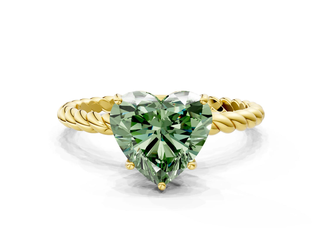 Yellow gold Fancy Green Heart  Solitaire Twist Band Ring with Four-Prong Setting_66