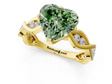 Yellow gold Fancy Green Heart  Solitaire Twist Band with Leaf Prong Setting 1