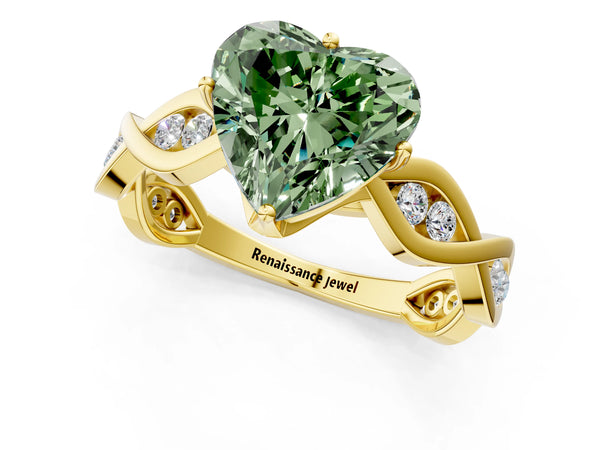 Yellow Gold Heart-Shaped Accented Twist Engagement Ring Setting for Fancy Green Center