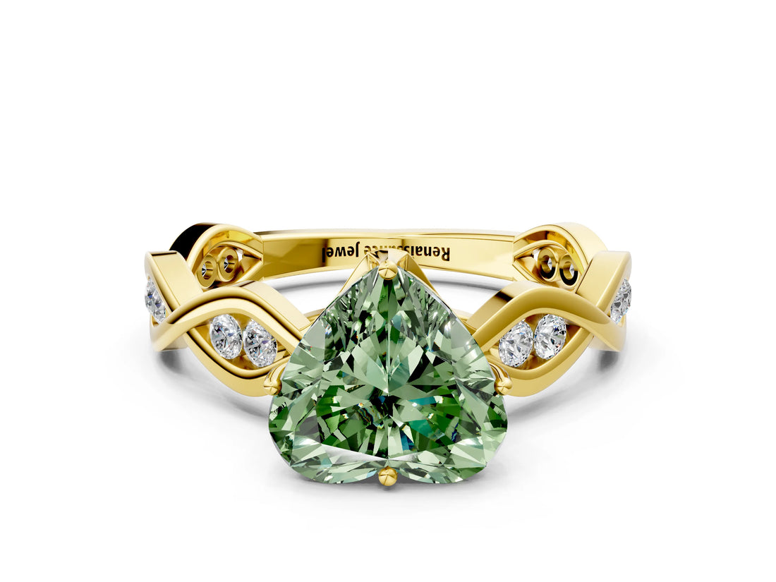 Yellow gold Fancy Green Heart  Solitaire Twist Band with Leaf Prong Setting