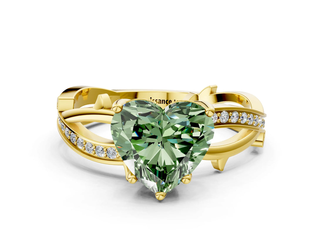 Yellow gold Fancy Green Heart  Solitaire Twist Band with Pavé Accents and Four-Prong Setting_20