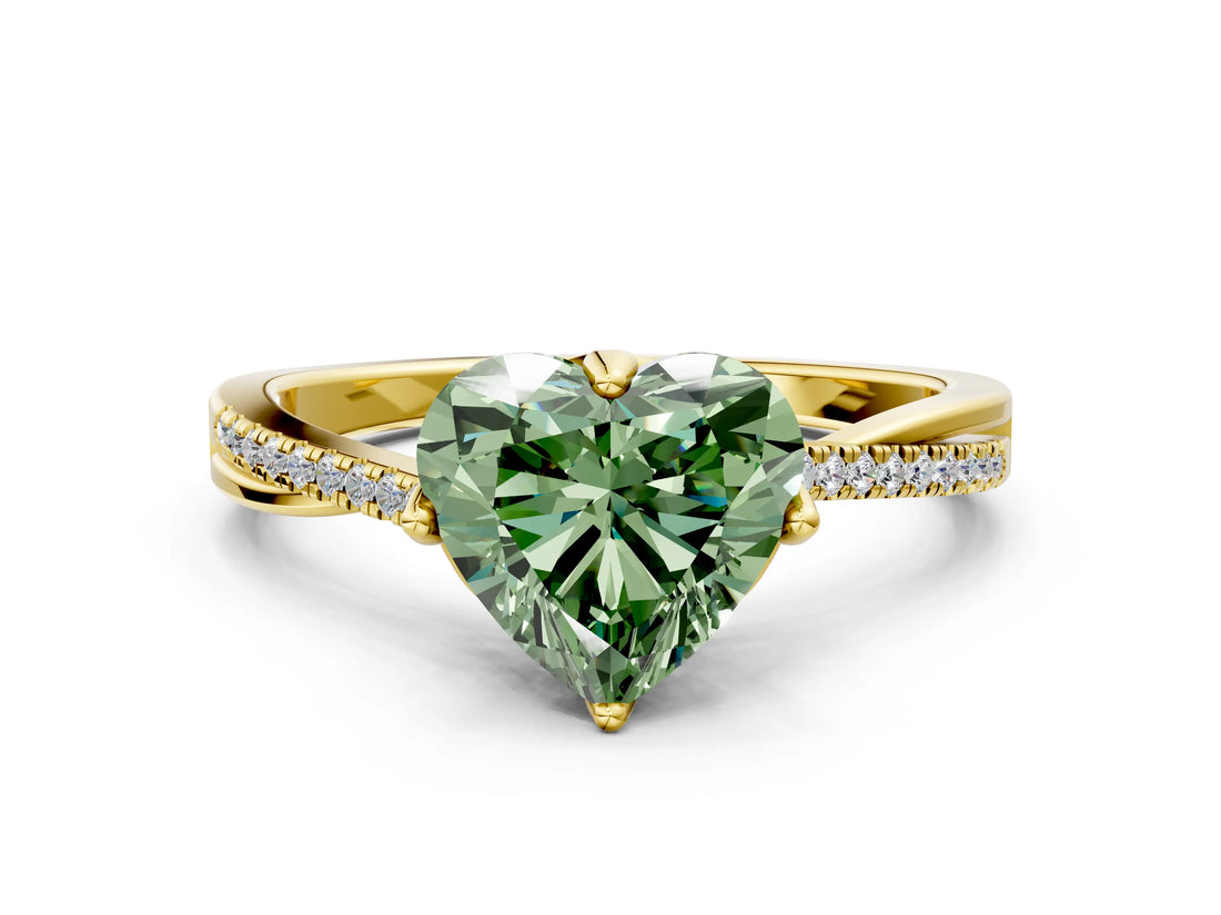 Yellow gold Fancy Green Heart  Solitaire Twist Band with Pavé Diamonds and Four-Prong Setting_51