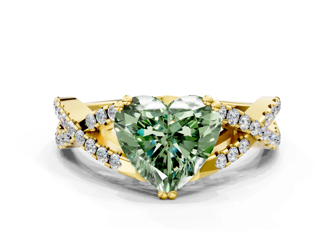 Yellow gold Fancy Green Heart  Solitaire Twist Band with Pavé Setting and Four-Prong Setting