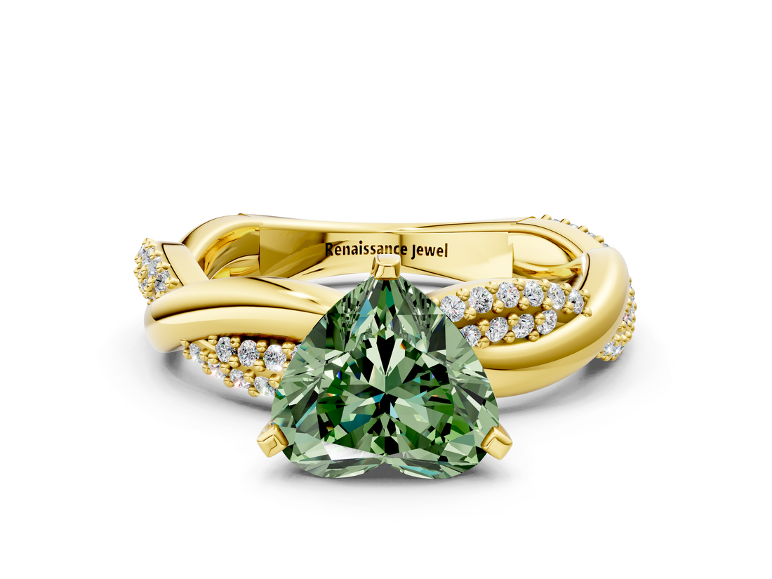 Yellow gold Fancy Green Heart  Solitaire Twist Band with Pave Prong Setting
