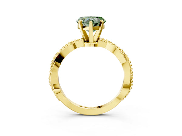 Yellow gold Fancy Green Heart  Solitaire Twisted Band with Bead Prong Setting