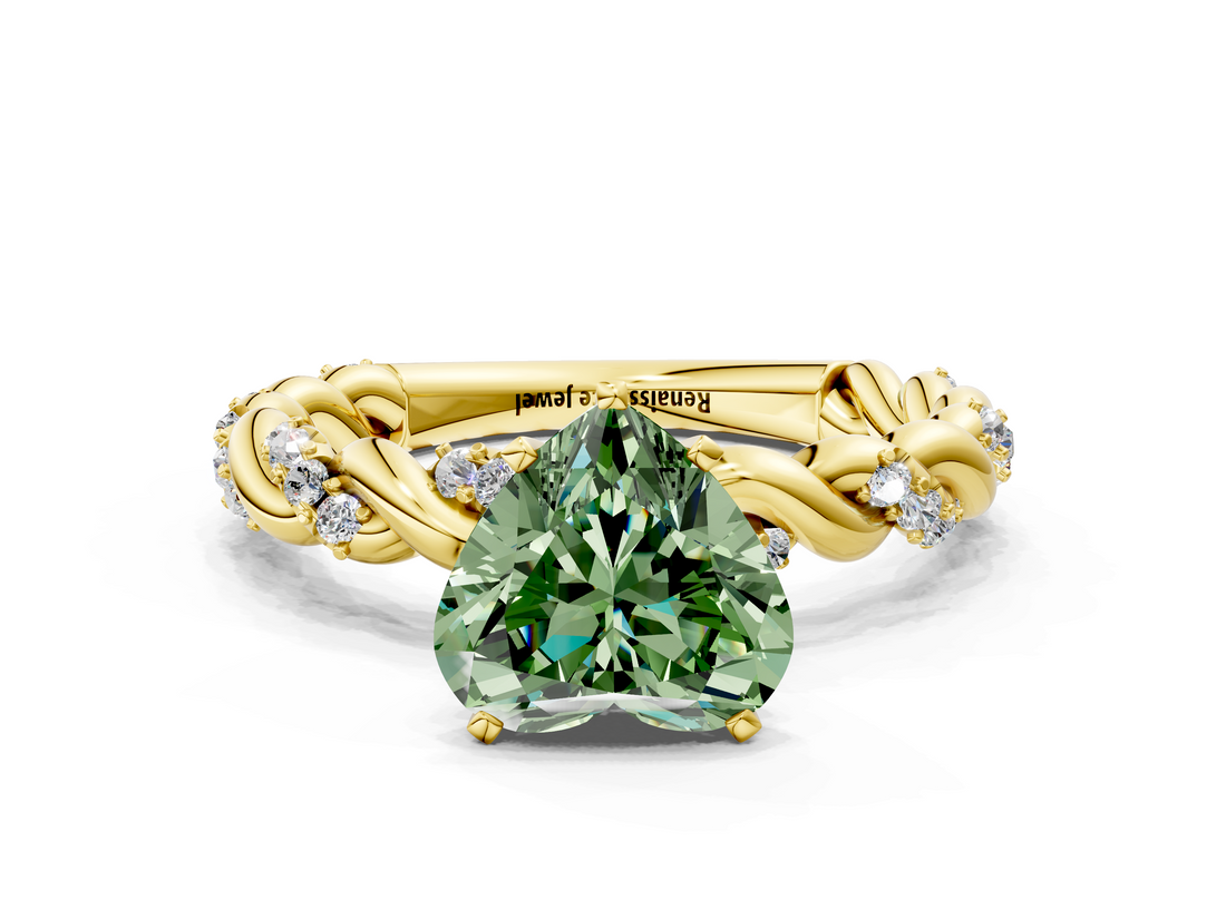 Yellow gold Fancy Green Heart  Solitaire Twisted Band with Pavé Accents and Four-Prong Setting