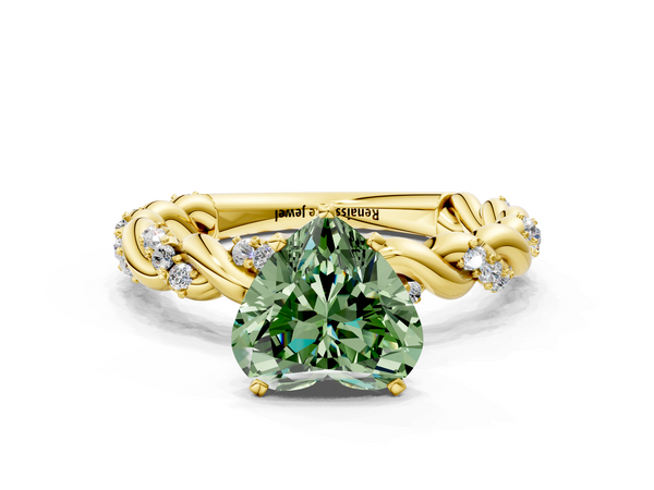 Yellow gold Fancy Green Heart Cut Diamond Solitaire Ring with Twisted Band and Pavé Accents