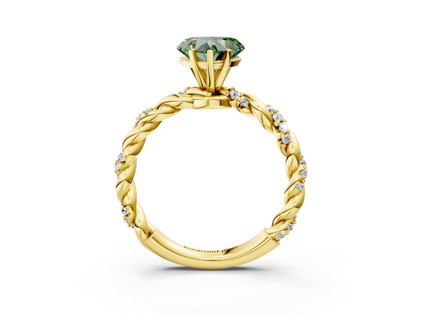 Yellow gold Fancy Green Heart Cut Diamond Solitaire Ring with Twisted Band and Pavé Accents