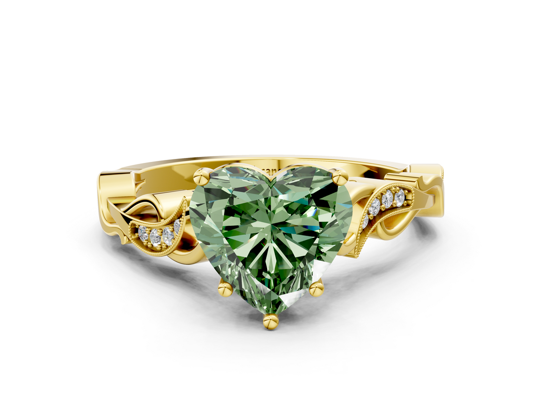 Yellow gold Fancy Green Heart  Solitaire Vine Band with Milgrain Prong Setting_3