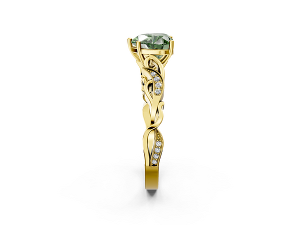Yellow gold Fancy Green Heart  Solitaire Vine Band with Milgrain Prong Setting