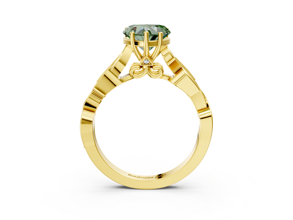 Yellow gold Fancy Green Heart  Solitaire Vine Band with Milgrain Prong Setting