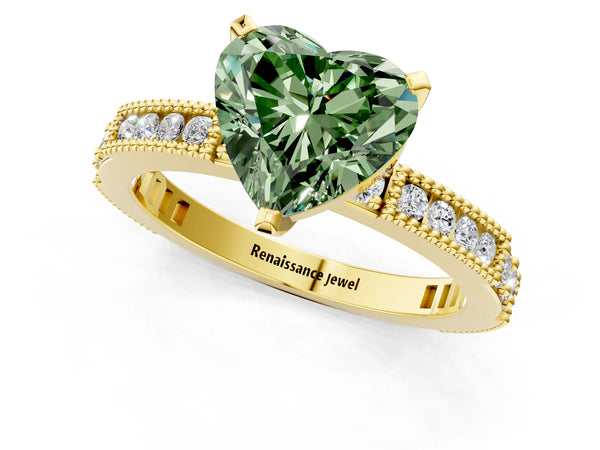 Yellow gold Fancy Green Heart  Solitaire with Pavé Band and Four-Prong Setting
