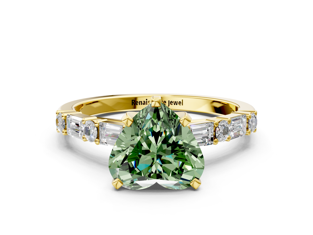 Yellow gold Fancy Green Heart  Solitaire with Side Baguettes and Channel Set Band