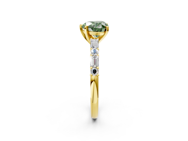 Yellow gold Fancy Green Heart Cut Diamond Solitaire with Side Baguettes and Channel Set Band