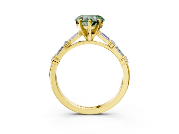 Yellow gold Fancy Green Heart Cut Diamond Solitaire with Side Baguettes and Channel Set Band