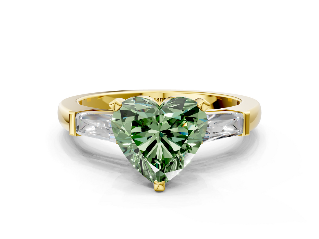 Yellow gold Fancy Green Heart  Solitaire with Tapered Baguette Side Stones on a Classic Band with Four-Prong Setting