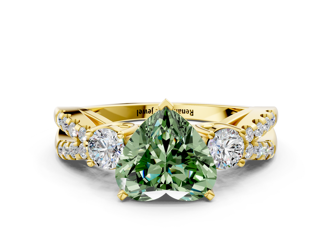Yellow gold Fancy Green Heart  Three-Stone Diamond Ring with Pavé Split Shank and Four-Prong Setting