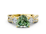 Yellow gold Fancy Green Heart  Three-Stone Diamond Ring with Pavé Split Shank and Four-Prong Setting
