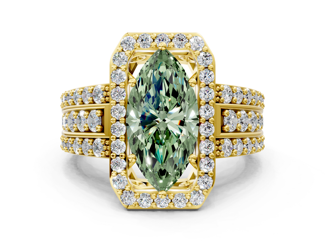 Yellow gold Fancy Green Marquise -Cut Halo Diamond Ring with Split Shank and Four-Prong Setting_102