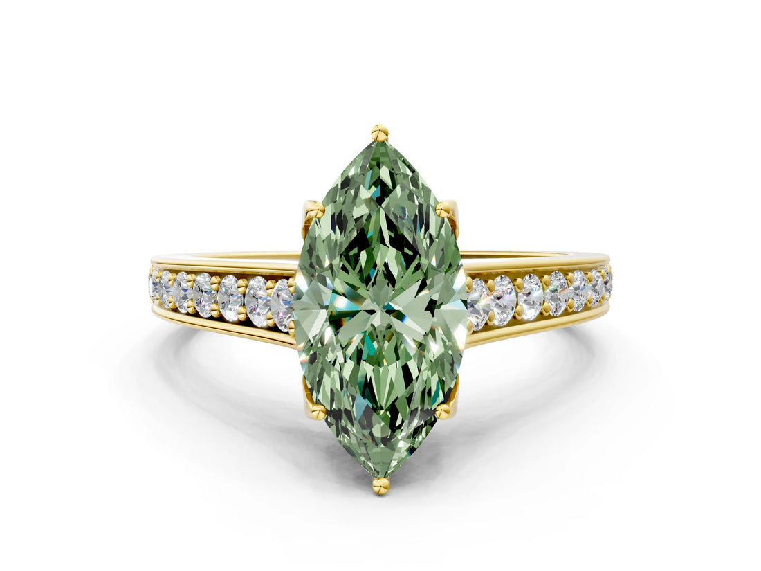 Yellow gold Fancy Green Marquise  Brilliant Cut Diamond Engagement Ring with Pavé Band and Four-Prong Setting_48