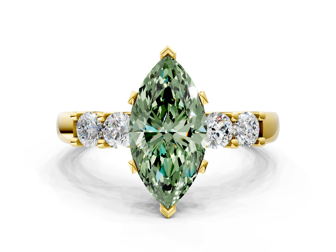 Yellow gold Fancy Green Marquise  Brilliant Cut Diamond Five-Stone Prong Set Engagement Ring with Channel Band_3