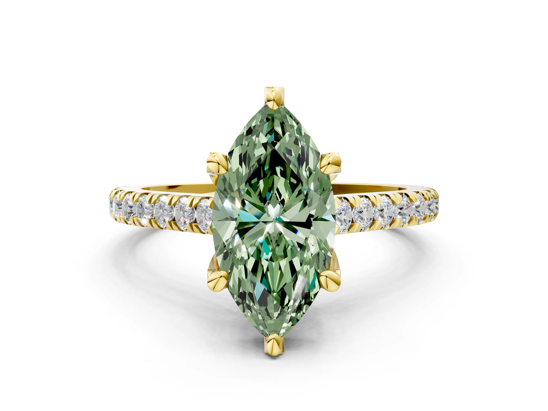 Yellow gold Fancy Green Marquise  Brilliant Diamond Solitaire with Pavé Band and Four-Prong Setting