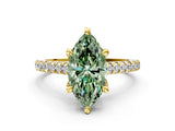 Yellow gold Fancy Green Marquise  Brilliant Diamond Solitaire with Pavé Band and Four-Prong Setting