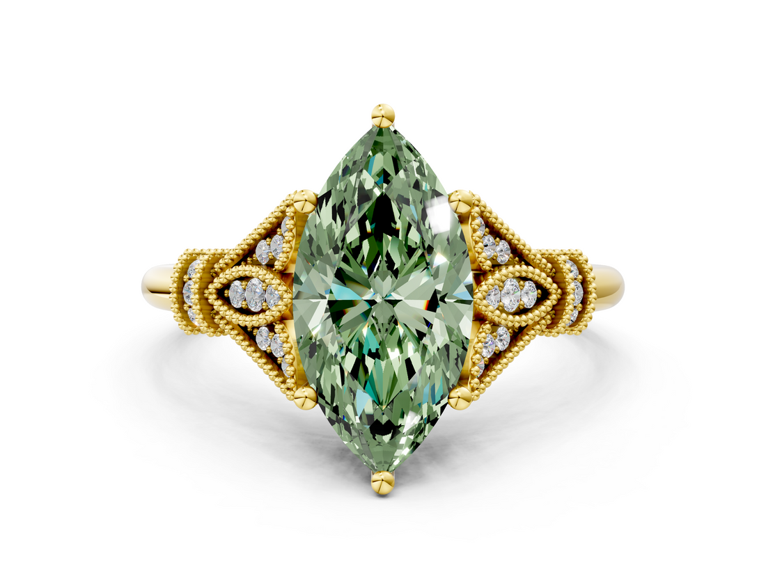 Yellow gold Fancy Green Marquise  Brilliant Solitaire with Pave Band and Four-Prong Setting_20
