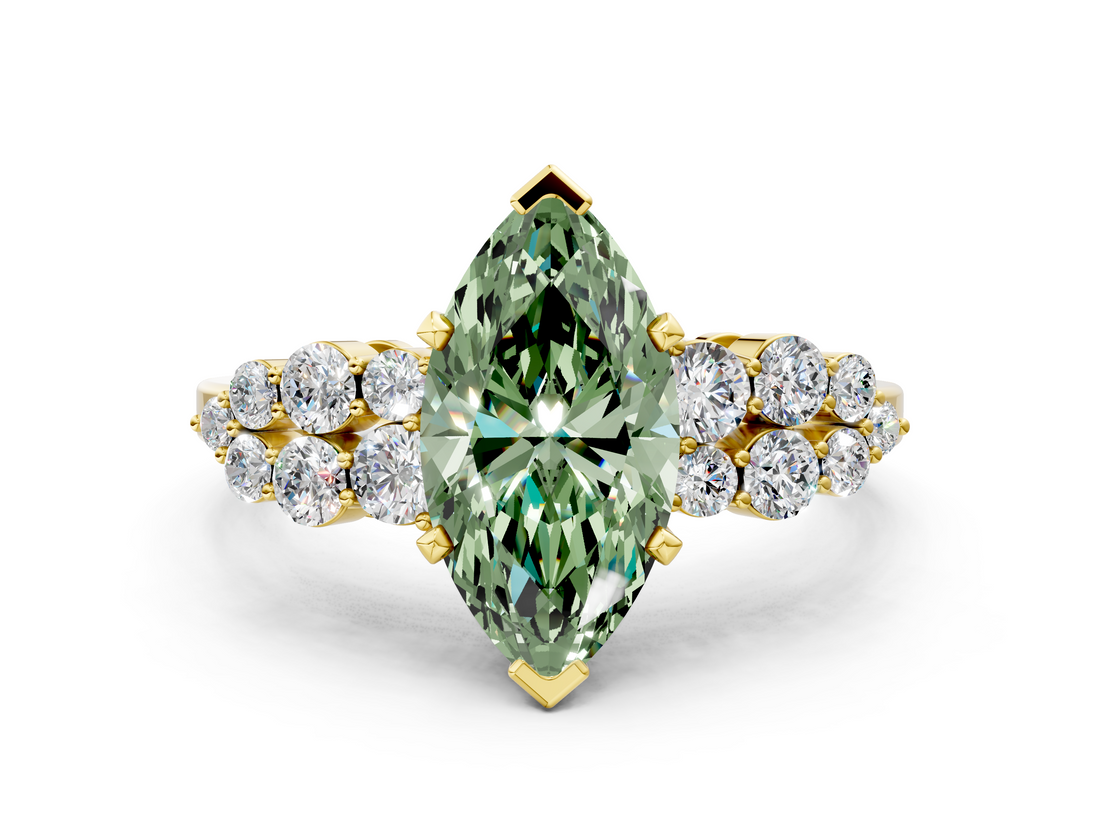 Yellow gold Fancy Green Marquise  Cluster Diamond Engagement Ring with Pavé Band and Four-Prong Setting_46