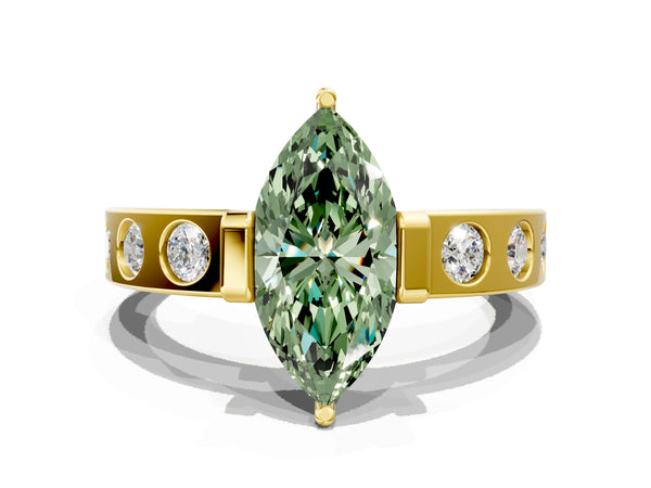 Yellow gold Fancy Green Marquise Cut Brilliant Channel-Set Diamond Ring with Bezel Prong Setting