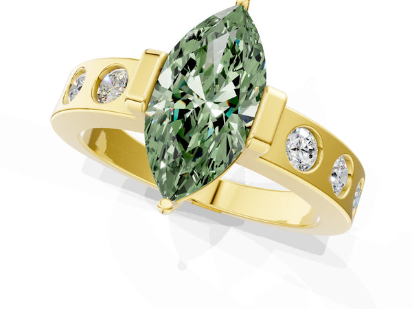 Yellow gold Fancy Green Marquise Cut Brilliant Channel-Set Diamond Ring with Bezel Prong Setting