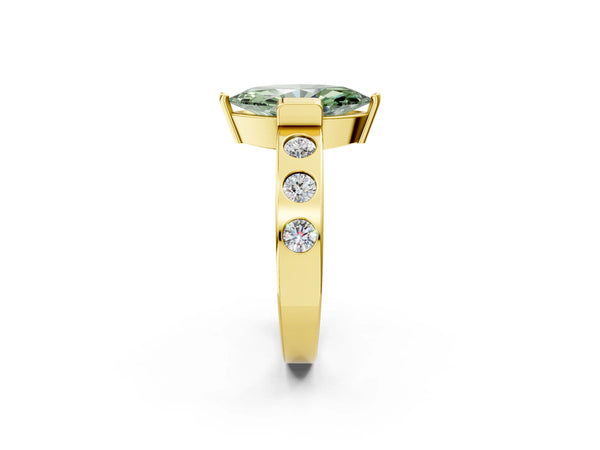 Yellow gold Fancy Green Marquise Cut Brilliant Channel-Set Diamond Ring with Bezel Prong Setting