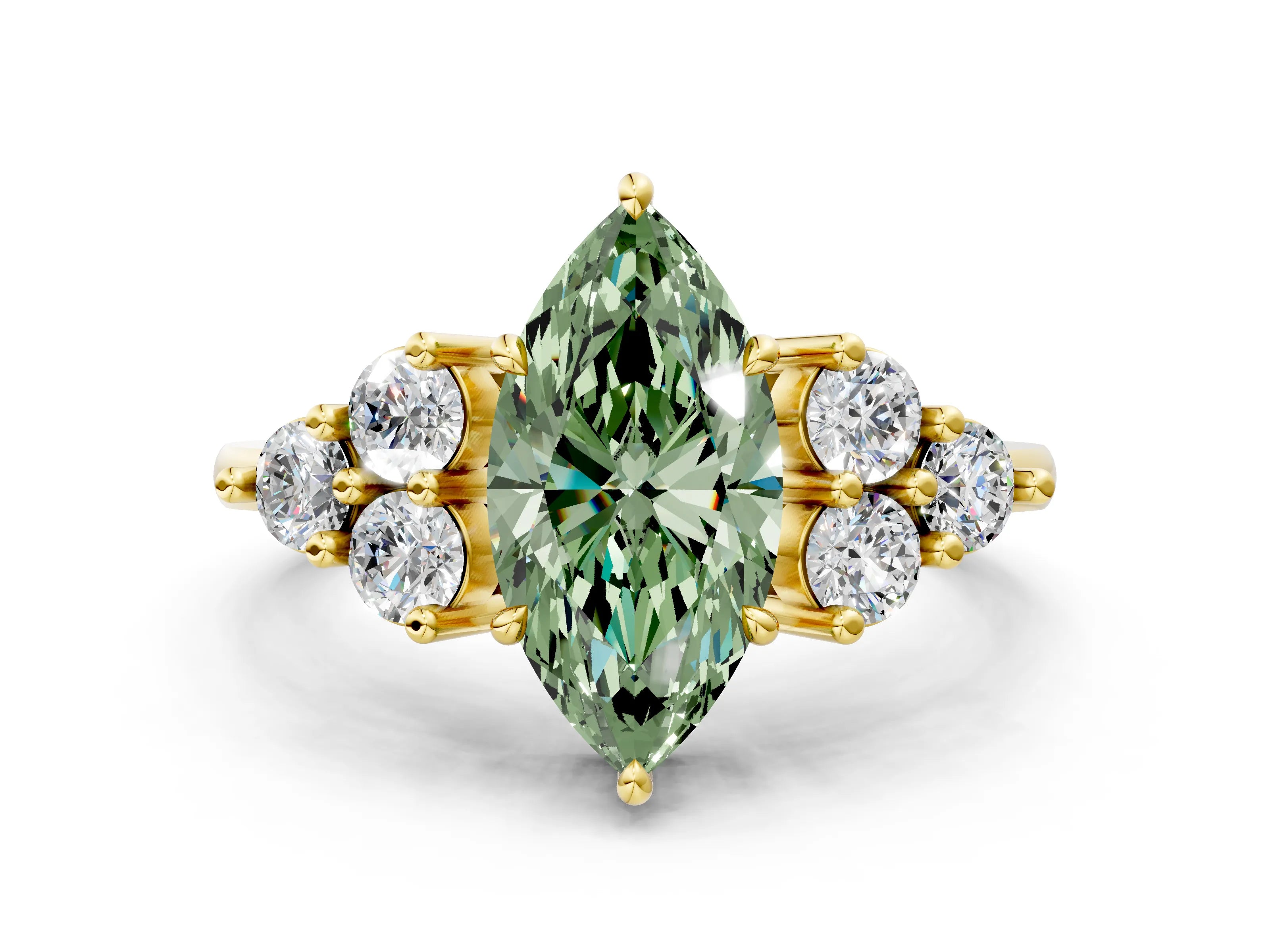 Yellow gold Fancy Green Marquise Cut Brilliant Diamond Cluster Accent Solitaire Ring with Prong Setting