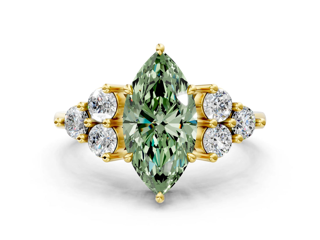 Yellow gold Fancy Green Marquise Cut Brilliant Diamond Cluster Accent Solitaire Ring with Prong Setting
